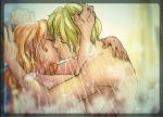  1boy 1girl breasts cleavage french_kiss hetero kiss large_breasts long_hair nami_(one_piece) one_piece sanji shower 