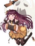  @_@ ankle_lace-up arms_up bare_shoulders bat_wings black_hairband black_wings blush bow breasts brown_gloves brown_legwear bullpup collarbone collared_shirt cross-laced_footwear fake_wings ghost girls_frontline gloves gun hair_bow hair_ornament hairband hairclip halloween hands_up head_wings highres holding holding_gun holding_weapon jack-o'-lantern jack-o'-lantern_hair_ornament large_breasts long_hair mentai_mayo nose_blush object_namesake open_mouth orange_bow orange_footwear orange_shirt orange_skirt pantyhose pleated_skirt purple_hair red_eyes rifle scared shirt shoes shoes_removed sidelocks simple_background skirt sniper_rifle solo torn_clothes torn_legwear torn_shirt very_long_hair wa2000_(girls_frontline) walther walther_wa_2000 weapon white_background wings 