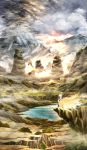  1girl arkatopia cliff cloud commentary fox_tail lake landscape looking_afar mountain multiple_tails scenery sky solo sunlight tabard tail touhou tree yakumo_ran 