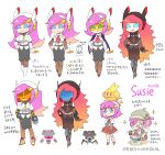  1girl :d aged_down alternate_costume ascot bandaged_head bandaged_leg bandages bandaid bandaid_on_cheek bandaid_on_face beco_(100me) belt belt_buckle beret black_belt black_corset black_pantyhose black_shoes black_skirt black_wrist_cuffs blue_eyes blunt_bangs blush_stickers brown_gloves brown_jacket buckle cellphone character_name child chinese_text cigarette closed_eyes collar collared_shirt corset curly_hair dress earpiece eating food furrowed_brow gloves grey_hat hand_on_own_chest hat highres holding holding_cigarette holding_spoon hood ice_cream jacket jacket_on_shoulders jewelry kirby:_planet_robobot kirby_(series) long_hair mechanical_arms mechanical_gloves mechanical_legs open_clothes open_jacket pantyhose pencil_skirt pendant personification phone pink_hair purple_jacket red_ascot red_dress red_hair red_shoes shirt shoes skirt smartphone smile smirk smug socks sphere_doomer spoon susie_(kirby) swept_bangs translation_request visor_cap white_background white_belt white_collar white_shirt white_socks white_wrist_cuffs wrist_cuffs yellow_gloves 