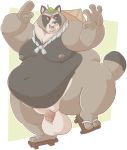 2018 anthro balls belly big_bals canine flaccid hat humanoid_hands justicecaptainv leaf male mammal moobs navel nipples overweight overweight_male penis simple_background solo tanuki 