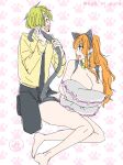  1boy 1girl breasts cleavage hetero huge_breasts large_breasts long_hair nami_(one_piece) one_piece sanji smile tattoo 