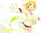  :d arched_back armpits bare_shoulders blonde_hair blush bow breasts fang flat_chest green_eyes hair_bow hair_ornament hairclip headphones headset kagamine_rin kawahara_chisato midriff navel open_mouth outstretched_arms sailor_collar shirt short_hair shorts sideboob sleeveless sleeveless_shirt smile solo song_name spread_arms vocaloid yellow_(vocaloid) zipper 