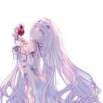  1girl bare_shoulders breasts choco_(chocolate_shop) choker dress fate/grand_order fate_(series) forked_eyebrows highres long_hair looking_at_viewer melusine_(fate) sidelocks small_breasts solo thighs white_dress white_hair yellow_eyes 