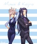  1girl alternate_costume assassin_(fate/stay_night) blue_eyes crossed_arms fate/grand_order fate_(series) formal kibou long_hair miyamoto_musashi_(fate/grand_order) ponytail simple_background suit 