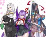  ass bb_(fate)_(all) bb_(fate/extra_ccc) black_hair breasts commentary_request dark_skin fate/extra fate/extra_ccc fate/grand_order fate_(series) green_eyes heart honjou_raita large_breasts looking_at_viewer multiple_girls nun purple_eyes purple_hair scheherazade_(fate/grand_order) sesshouin_kiara simple_background thighs 
