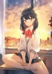  backlighting bangs barefoot black_hair black_skirt blue_eyes blush bow breasts buttons closed_mouth commentary_request curtains desk feet legs lens_flare long_hair long_sleeves looking_at_viewer miniskirt orange_scrunchie pleated_skirt red_bow red_neckwear scrunchie sitting skirt solo ssss.gridman sunset sweater takarada_rikka teddy_(khanshin) thighs white_sweater window wrist_scrunchie 