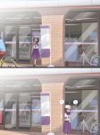  1girl 2koma ? bicycle bicycle_basket black_hair blue_shirt blue_skirt bottle comic commentary_request drinking ground_vehicle helmet highres ishii_(isuwie) original outdoors pants school_uniform serafuku shirt silent_comic skirt spoken_question_mark storefront theft twintails white_shirt 