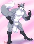  2018 3_toes 5_fingers abs animal_genitalia animal_penis anthro athletic balls beard bent_over biceps big_balls black_nose black_skin blue_eyes canine canine_penis digitigrade dipstick_tail eyebrows facial_hair fox fully_sheathed fur gloves_(marking) grey_fur grey_hair grey_skin hair hand_on_thigh hungothenomster inviting looking_aside male mammal markings multicolored_fur multicolored_skin multicolored_tail muscular muscular_male muscular_thighs nude pecs penis sheath silver_fox simple_background smile socks_(marking) solo standing toes two_tone_fur two_tone_skin white_fur white_skin 