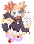  abigail_williams_(fate/grand_order) alternate_hairstyle balloon bandaid_on_forehead bangs belt black_bow black_jacket blonde_hair blue_eyes bow chibi commentary_request crossed_bandaids fate/grand_order fate_(series) forehead fou_(fate/grand_order) hair_bow hair_bun heroic_spirit_traveling_outfit jacket legs long_hair medjed open_mouth orange_bow parted_bangs polka_dot polka_dot_bow red_footwear sino_(sionori) sleeves_past_fingers sleeves_past_wrists solo stuffed_animal stuffed_toy teddy_bear thighs tokitarou_(fate/grand_order) white_background 