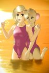  2019 5_fingers anthro biped blonde_hair blue_eyes breasts buffbumblebee_(artist) bulge caressing clothed clothing digital_drawing_(artwork) digital_media_(artwork) duo equine erection eyebrows eyelashes female front_view fur girly hair hi_res horse male male/female mammal mouse multicolored_fur navel one-piece_swimsuit open_mouth outside partially_submerged penis_outline rodent smile standing swimsuit tight_clothing water 