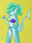 aniyah anthro breasts clothing female finger_gun fish hair hi_res marine shark simple_background smile solo standing swimsuit yenchey 