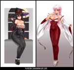  bare_shoulders black_hair breasts cleavage covered_navel dress full_body gloves hair_ornament high_heels highres hobble_dress impossible_clothes latex long_dress long_hair long_sleeves looking_at_viewer midnight_(banyex) monster_girl multiple_girls original red_eyes simple_background skin_tight smile standing tight_dress witch 
