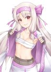  absurdres ainu_clothes bangs blush bow breasts collarbone commentary_request eyebrows_visible_through_hair fate/grand_order fate_(series) fingerless_gloves gloves grey_gloves hair_bow hairband hakuya_kung highres hips illyasviel_von_einzbern jacket long_hair long_sleeves looking_at_viewer navel open_clothes open_jacket pantyhose red_eyes sarashi sidelocks simple_background sitonai skirt small_breasts smile solo white_background white_jacket white_skirt 