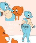  2018 anthro balls bent_over big_butt blue_fur body_writing bottomless butt cartoon_network cat clothed clothing cub darwin_watterson digital_media_(artwork) duo english_text feline fish fur gumball_watterson hand_on_butt male male/male mammal marine orange_skin pink_background raised_eyebrows simple_background smile sweater teeth text the_amazing_world_of_gumball therita3k whiskers young 