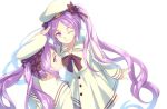  ;) bangs black_bow black_neckwear black_ribbon bow bowtie cis05 collarbone comic_lo dress euryale fate/grand_order fate/hollow_ataraxia fate_(series) floating_hair hair_bow hat long_hair long_sleeves multiple_girls one_eye_closed parted_bangs purple_eyes purple_hair ribbon sailor_collar salute siblings simple_background sisters smile standing stheno twintails very_long_hair white_background white_dress white_hat white_sailor_collar 