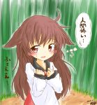  animal_ears brown_hair dress ears_down highres imaizumi_kagerou kuranabe long_hair long_sleeves open_mouth red_eyes scared solo thought_bubble touhou translation_request trembling wolf_ears younger 