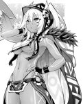  armpits azur_lane back bangs bodypaint breasts cape commentary dark_skin eyebrows_visible_through_hair facial_mark gloves greyscale hair_between_eyes hand_on_hip high_ponytail highleg highleg_panties highres hood hood_down hooded_cape hori_(hori_no_su) long_hair medium_breasts midriff minneapolis_(azur_lane) monochrome native_american navel official_art open_mouth panties ponytail revealing_clothes solo thong underboob underwear very_long_hair 