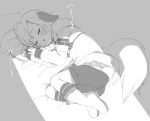  1girl ahoge animal_ears boots detached_sleeves dog_ears dog_tail done_(donezumi) eyes_closed female greyscale lying monochrome on_bed on_side original shadow sleeping solo sunlight tail titi-chan_(nezumi_inu) 