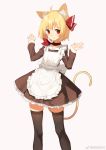  :3 ahoge animal_ears apron black_legwear black_skirt blonde_hair cat_ears cat_tail closed_mouth hair_ribbon hands_up highres kemonomimi_mode long_sleeves looking_at_viewer maid_apron miniskirt red_eyes red_neckwear red_ribbon ribbon rumia scarf sh_(562835932) short_hair simple_background skirt solo standing tail thighhighs touhou weibo_logo zettai_ryouiki 