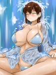  absurdres bare_shoulders bikini bikini_top blue_bikini blush breasts brown_hair cleavage closed_eyes closed_mouth commentary covered_navel fate/grand_order fate_(series) hair_between_eyes highres huge_breasts indian_style large_breasts lotus_position meditation see-through sitting solo steaming_tofu swimsuit underboob water wet xuanzang_(fate/grand_order) 