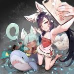  animal_ears armpits bangs black_hair blue_eyes blunt_bangs breasts cat_ears cellphone cleavage commentary crop_top cropped_jacket dark_skin eyebrows_visible_through_hair fox_ears fox_tail full_body heart iphone kneeling long_hair long_sleeves midriff multiple_girls navel original petals phone puffy_shorts red_eyes robot_cat self_shot shark sharp_teeth shorts sleeveless small_breasts smartphone smile swept_bangs tail tears teeth twintails v whisker_markings 