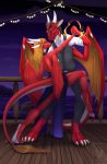  2018 anthro bare_shoulders blue_eyes clothed clothing dragon dress duo female male membranous_wings minerea night outside pinkdragonlove red_scales scales scalie smile western_dragon wings 