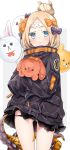  abigail_williams_(fate/grand_order) alternate_hairstyle balloon bandaid_on_forehead bangs belt black_bow black_jacket black_panties blonde_hair blue_eyes bow commentary_request crossed_bandaids fate/grand_order fate_(series) forehead fou_(fate/grand_order) hair_bow hair_bun heroic_spirit_traveling_outfit highres holding holding_stuffed_animal jacket long_hair medjed open_mouth orange_bow panties parted_bangs polka_dot polka_dot_bow sino_(sionori) sleeves_past_fingers sleeves_past_wrists solo stuffed_animal stuffed_toy teddy_bear tentacles thighs underwear white_background 
