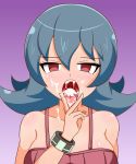  1girl bangs bare_shoulder blue_hair blush bracelet breasts collarbone creatures_(company) cum cum_in_mouth cum_on_body cum_on_tongue cum_on_upper_body empty_eyes eyebrows_visible_through_hair facial female game_freak gradient gradient_background hair_between_eyes half-closed_eyes hami_gakko hand_up highres jewelry large_breasts looking_at_viewer natsume_(pokemon) nintendo open_mouth pokemon pokemon_(game) pokemon_hgss purple_background red_eyes red_shirt shiny shiny_hair shiny_skin shirt short_hair simple_background sleeveless sleeveless_shirt solo spaghetti_strap teeth tongue tongue_out upper_body uvula 