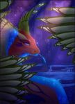  2017 blue_tongue coatl_dragon detailed_background digital_media_(artwork) dragon feathered_dragon feathers flight_rising fur furred_dragon kuraon purple_eyes red_fur tongue 