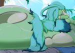  2018 beach big_breasts big_butt blue_eyes blue_fur blue_hair blush braided_hair breast_squish breasts butt butt_focus fdokkaku female fur green_scales hair looking_back lying multicolored_fur multicolored_hair on_front outside palm_trees presenting reptile scales scalie seaside sky smile sweat turquoise_fur turquoise_hair two_tone_fur two_tone_hair voluptuous 
