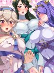  boris_(noborhys) breasts camilla_(fire_emblem_if) cape cleavage dancer dress female_my_unit_(fire_emblem_if) fire_emblem fire_emblem_heroes fire_emblem_if hair_ornament hair_over_one_eye hairband highres lips long_hair looking_at_viewer mikoto_(fire_emblem_if) mother_and_daughter my_unit_(fire_emblem_if) pointy_ears purple_eyes purple_hair red_eyes silver_hair simple_background smile tiara wavy_hair white_hair 