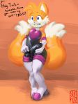  2018 2_tails armwear balls blue_eyes bodysuit boots bulge canine caught clothed clothing crossdressing dialogue dipstick_tail elbow_gloves english_text erection footwear fox fur gloves hi_res male mammal miles_prower multi_tail multicolored_tail penis_outline rouge_the_bat shocked skinsuit solo sonic_(series) sunhuiz text tight_clothing unseen_character white_fur yellow_fur 