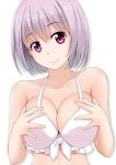  bikini breasts cleavage commentary_request frilled_bikini frilled_bikini_top frills front-tie_top fuuma_nagi large_breasts lavender_hair looking_at_viewer purple_eyes shinjou_akane short_hair simple_background smile solo ssss.gridman swimsuit upper_body white_background white_bikini 