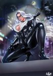 aircraft artist_name black_cat_(marvel) blue_eyes bodysuit breasts city_lights domino_mask exlic felicia_hardy fur_trim helicopter high_heels highres jewelry kneeling large_breasts lipstick long_hair makeup marvel mask necklace night outdoors skin_tight solo spider-man_(series) white_hair 
