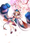  absurdres animal_hood bell blue_skirt breasts brown_hair cat_hood cat_tail detached_sleeves flower full_body futakuchi-onna futakuchi-onna_(onmyoji) highres hood jewelry jingle_bell looking_at_viewer necklace onmyoji paw_pose pink_skirt pom_pom_(clothes) purple_eyes red_footwear shio_(7203802) short_hair skirt small_breasts tail tail_bell white_background white_legwear wide_sleeves 