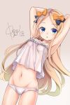  abigail_williams_(fate/grand_order) armpits arms_up bangs bare_arms bare_shoulders black_bow blonde_hair blue_eyes blush bow breasts brown_background camisole collarbone commentary_request dutch_angle eyebrows_visible_through_hair fate/grand_order fate_(series) forehead frilled_camisole frills gradient gradient_background grey_background groin hair_bow highres long_hair looking_at_viewer navel orange_bow panties parted_bangs parted_lips signature small_breasts solo underwear underwear_only very_long_hair white_camisole white_panties yuu_ms1974 