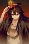  black_coat black_hair black_hat cis05 fate/grand_order fate_(series) gradient gradient_background grey_kimono hair_between_eyes hat horn japanese_clothes kimono long_hair looking_at_viewer midriff military_hat navel oda_nobunaga_(fate) open_clothes open_kimono red_eyes sarashi shiny shiny_hair smile solo stomach 