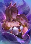  ahri animal_ears blonde_hair breasts choker cleavage commentary earrings fox_ears fox_tail heart idol jewelry k/da_(league_of_legends) k/da_ahri league_of_legends long_hair makeup sandara solo tail whisker_markings yellow_eyes 