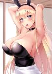  3104_(3104milkshake) animal_ears areola_slip areolae armpits arms_behind_head azur_lane bangs black_leotard blonde_hair blue_eyes blush breasts bunny_ears bunnysuit choker cleavage collarbone commentary_request cross_choker eyebrows_visible_through_hair hairband highres huge_breasts indoors leotard long_hair looking_at_viewer north_carolina_(azur_lane) open_mouth skirt solo sweat tongue white_skirt 