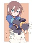  1girl aile aqua_hair bangs blush bodystocking bracelet brown_hair capcom female hair_between_eyes jewelry miyata_(lhr) pocket robot_ears rockman rockman_zx short_hair shorts simple_background smile white_shorts 