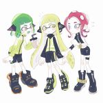  anklet blonde_hair boots bracelet dark_skin green_hair headgear inkling jewelry multiple_girls noii octarian octoling pointy_ears red_hair shoes simple_background skirt sneakers splatoon_(series) splatoon_2 splatoon_2:_octo_expansion squidbeak_splatoon tentacle_hair white_background yellow_coat 