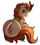 2018 alpha_channel animal_genitalia animal_pussy anus autumn_blaze_(mlp) butt clitoris digital_media_(artwork) equine_pussy evomanaphy female feral friendship_is_magic hi_res kirin looking_at_viewer looking_back my_little_pony pussy simple_background smile solo transparent_background 
