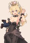  1girl bare_shoulders black_dress blonde_hair blue_earrings blue_eyes blue_pants bowsette bracelet breasts cleavage collar collarbone crown dress fang hair_between_eyes hand_up heart highres holding horns jewelry large_breasts long_hair looking_at_viewer mario mario_(series) new_super_mario_bros._u_deluxe open_mouth orange_background pants ponytail shoes sigm@ simple_background smile spiked_armlet spiked_bracelet spiked_collar spiked_shell spikes strapless strapless_dress super_crown turtle_shell 