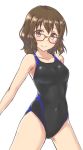  aimobake bespectacled black_swimsuit brown_eyes brown_hair competition_swimsuit cowboy_shot glasses idolmaster idolmaster_cinderella_girls looking_at_viewer namiki_meiko one-piece_swimsuit red-framed_eyewear short_hair simple_background smile solo swimsuit wavy_hair white_background 