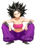  armpit_crease armpits baggy_pants bandeau bare_shoulders big_hair black_eyes black_footwear black_hair bobobo body_blush bracer breasts cameltoe caulifla cleavage collarbone commentary_request covered_nipples dragon_ball dragon_ball_super forehead full_body furrowed_eyebrows groin head_tilt hips leaning_forward looking_at_viewer medium_breasts midriff narrow_waist navel pants pink_bandeau pointy_shoes puffy_pants purple_pants raised_eyebrows shoes short_hair simple_background skindentation sleeveless solo spiked_hair spread_legs strapless teeth tomboy white_background widow's_peak 