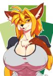  anthro big_breasts breasts canine clothed clothing female huge_breasts jindragowolf looking_at_viewer mammal nipple_bulge one_eye_closed smile solo wink 