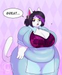  big_breasts breasts button_pop catti_(deltarune) clothed clothing crescent-blue-zero deltarune ear_piercing feline female hair mammal open_mouth overweight overweight_female piercing simple_background solo speech_bubble standing thick_thighs undertale video_games wardrobe_malfunction yellow_sclera 