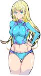  ass_visible_through_thighs blonde_hair blue_eyes breasts crop_top enpe eyebrows_visible_through_hair hand_on_hip highres large_breasts long_hair long_sleeves looking_at_viewer metroid mole navel samus_aran simple_background smile solo thighs turtleneck underwear very_long_hair white_background zero_suit 
