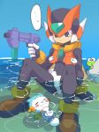  1boy android arm_support black_eyes blonde_hair blue_background cyber_elves gun helmet holding holding_weapon long_hair omeehayo rockman rockman_zero sitting sitting_on_water speech_bubble water weapon zero_(rockman) 